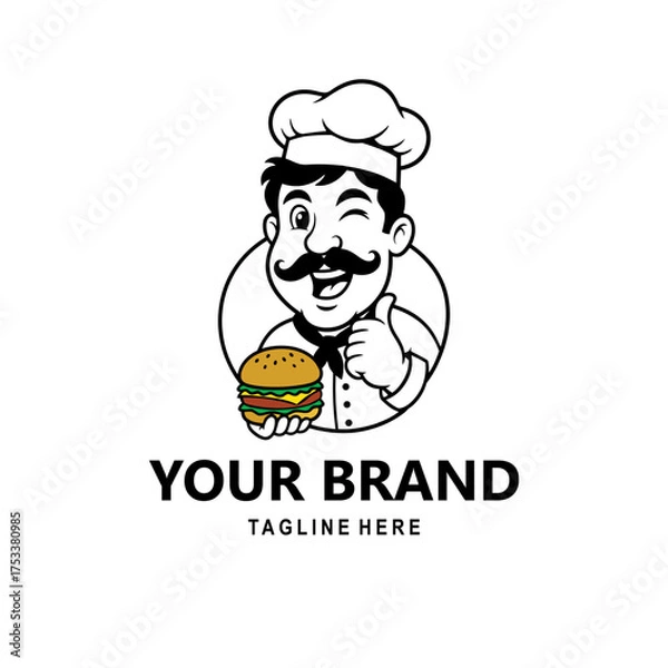 Fototapeta The mascot logo features a cheerful chef with a thick mustache winking, wearing a hat, holding a delicious burger and giving a thumbs up.