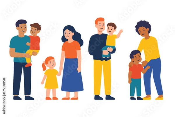 Fototapeta Various modern family groups with parents and children standing close