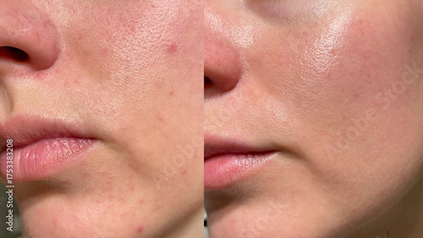 Fototapeta Macro close-up of female face showing before and after skincare results with visible pores, acne, and redness transforming into smooth glowing healthy skin. Perfect for beauty and dermatology themes.