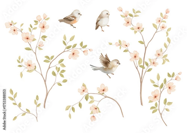 Obraz Set with cute abstract birds and blossom spring branches, delicate watercolor illustration for your design greeting or invitation cards, covers or background. Hand-drawn isolated print.