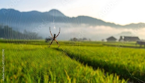 Fototapeta A spider rests center in its intricate web, sunlit against a blurred backdrop of rice fields and mountains, bathed in morning light