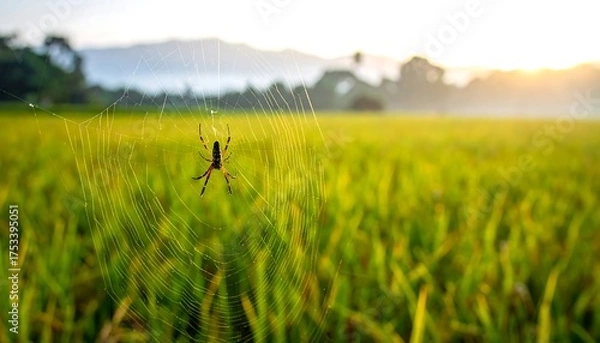 Fototapeta A spider sits centered in its web, glistening with dew, against a blurred backdrop of a green rice field and a hazy sunrise
