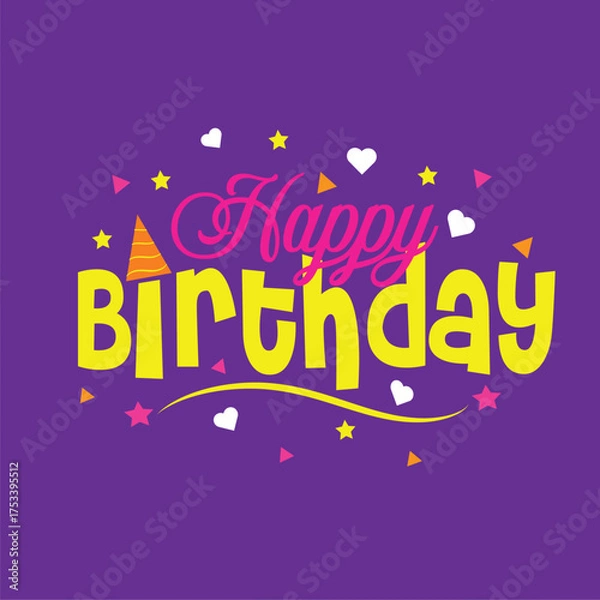 Obraz Happy birthday greeting card with unique colorful typography on purple background, festive text design with stars, hearts, confetti, and party hat illustration for celebration and wishes
