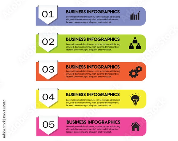 Obraz Colorful business infographic template with five steps, numbered banners, icons, and text boxes for presentation, workflow, process chart, data visualization, or marketing report design