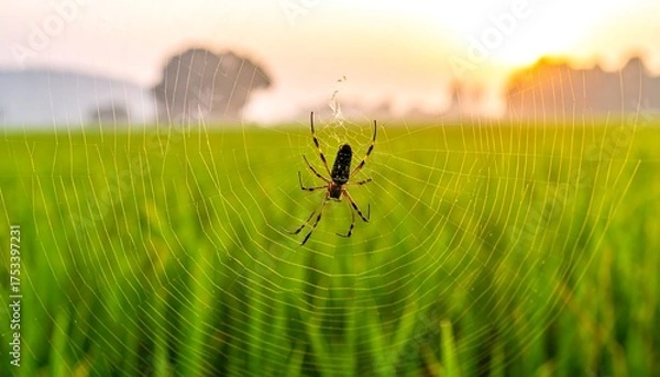 Fototapeta A spider sits in its web, silhouetted against a sunlit, foggy field of green. The scene evokes tranquility