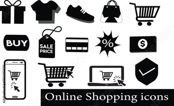 Obraz Online Shopping Icons Set | Black and White Vector Symbols for E-commerce, Sale, Payment, Buy Button, Shopping Cart, Credit Card, Mobile Purchase, and Retail Design Elements