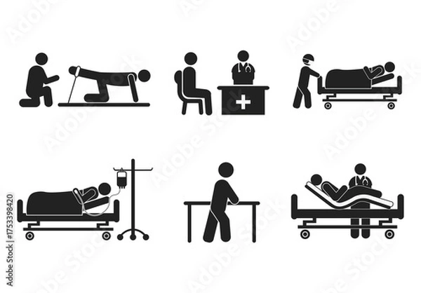 Fototapeta Collection of silhouette illustrations of stick figures of care and therapy activities by doctors, patients and nurses in hospitals for advertisements and flyers with healthcare and hospital icons.