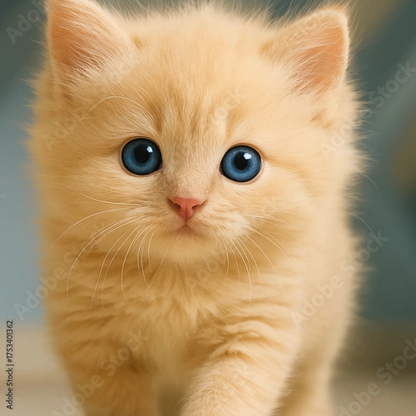 Fototapeta Capture your heart with this Adorable Kitten, featuring its striking blue eyes and fluffy, golden fur. This captivating portrait showcases the innocence and charm of a young felin ...
