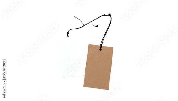 Fototapeta Two rectangular tags, one white, one brown, dangling from strings against a black background