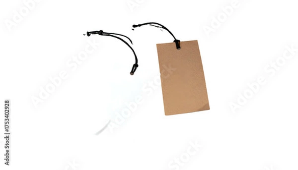 Fototapeta Two rectangular tags, one white, one brown, hanging by black strings, against a black background