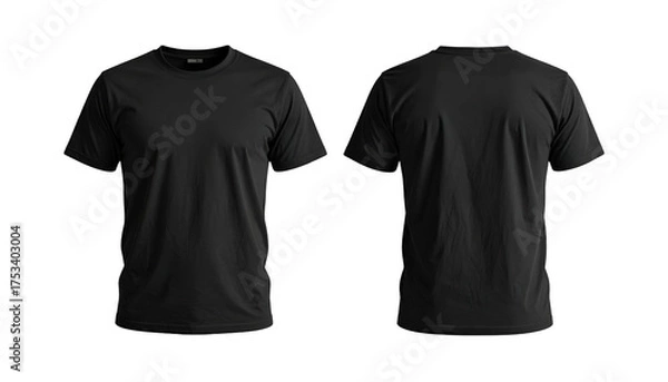 Fototapeta Front and back views of a plain black crew neck t-shirt on a black background