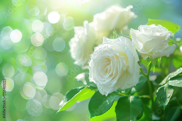 Obraz The white rose flowers in the garden shine under the soft sunlight