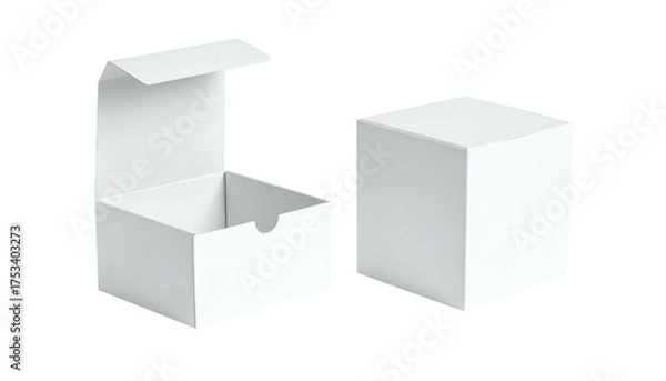 Fototapeta Two white cardboard boxes, one open showing the inside, the other closed and cube-shaped