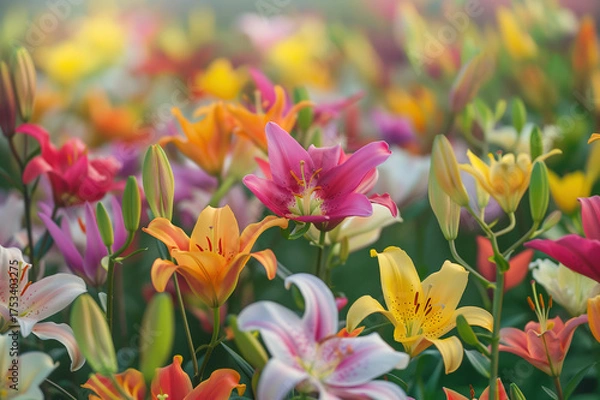 Obraz Lily flowers of different shades decorate a spacious field