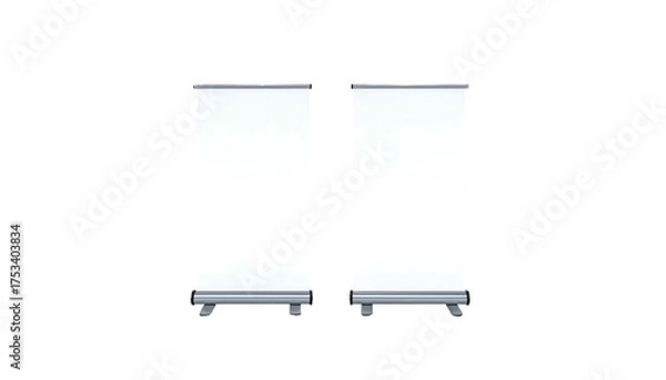Fototapeta Two blank, vertical roll-up banner displays isolated on black background, ready for content