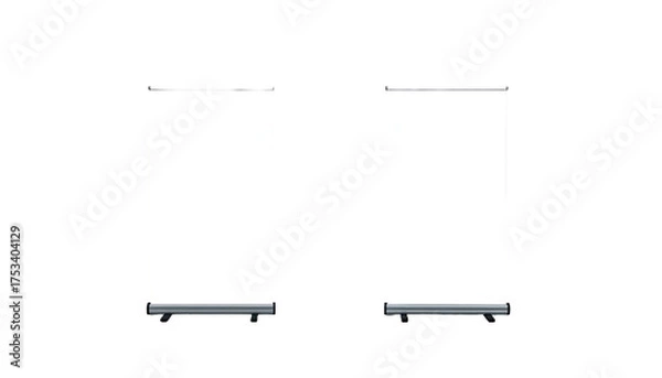 Fototapeta Two rectangular, vertical, white displays with dark bases against a stark black background