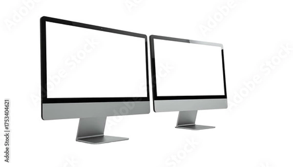 Fototapeta Two modern computer monitors with bright, blank screens set against a black background