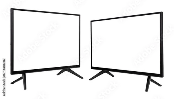 Fototapeta Two flat-screen monitors displayed side-by-side, each on a stand, showcasing a black screen