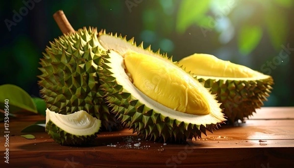 Fototapeta A spiky, halved tropical fruit rests on a wooden surface. The bright yellow flesh is exposed against a blurred green backdrop