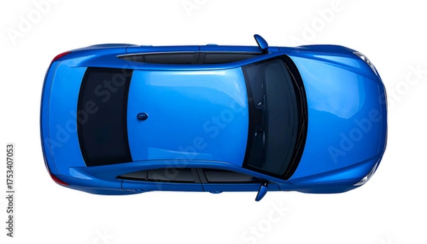 Fototapeta Overhead view of a sleek, blue compact car with tinted windows, set against a black backdrop