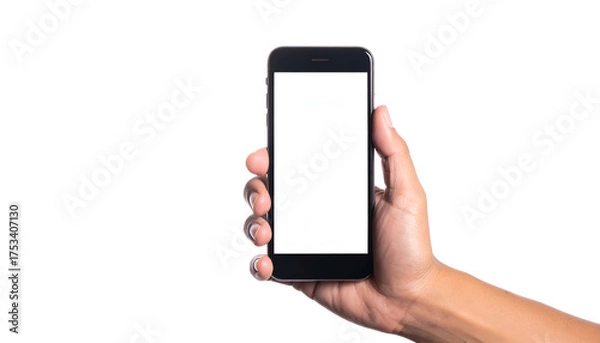 Fototapeta Hand holding a black smartphone with a blank white screen against a black backdrop