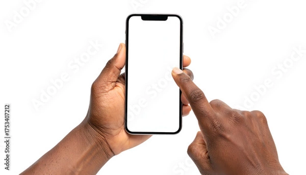 Fototapeta A dark-skinned person's hands holding and touching a blank-screen smartphone against a black background