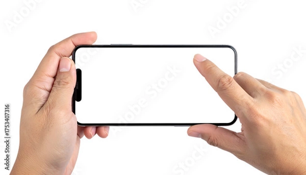 Fototapeta Hands holding a black smartphone, with one finger touching the screen