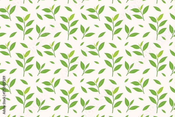 Fototapeta Seamless pattern of green tea leaves on a soft beige background,