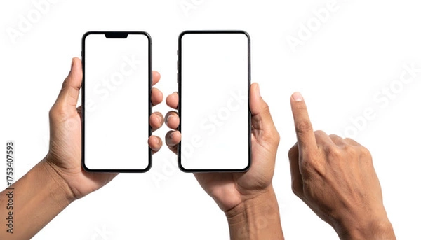 Fototapeta Two smartphones held in hands with a finger pointing at the screen. Black background