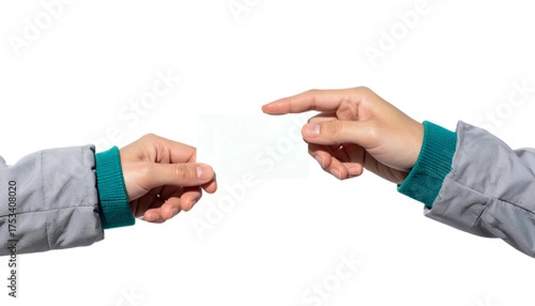 Fototapeta Two hands holding a blank rectangular card, set against a stark black background