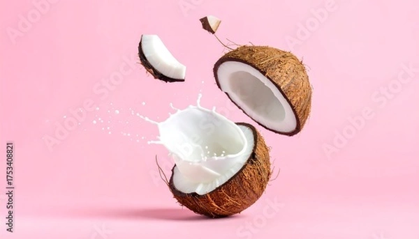 Fototapeta A split coconut with a splash of milk amid pink backdrop. One piece breaks away from the whole