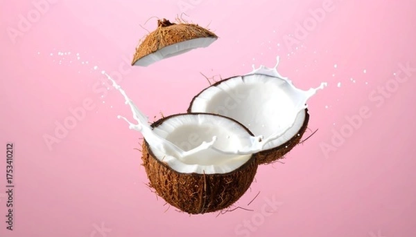 Fototapeta A split coconut with milk spilling out, capturing liquid dynamics against a soft pink background. The top shell is suspended