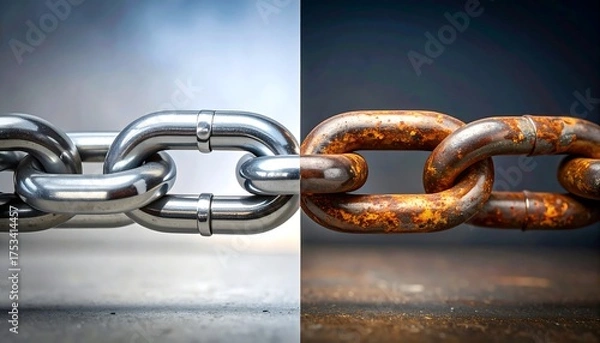 Fototapeta A split image presents a shiny, new metal chain contrasted against a heavily rusted, similar chain. They illustrate change