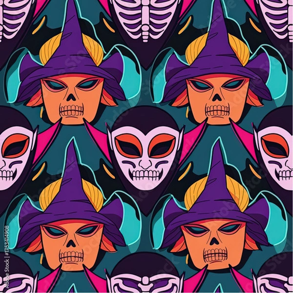 Fototapeta Repetitve pattern of multiple Halloween masks (witch, vampire, skeleton), bold colors and simple shading, for festive party packaging.eps