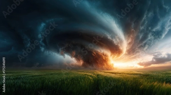 Obraz An intense storm brewing over lush green fields, creating an atmospheric representation of nature’s power and beauty, capturing impending change and an emotional landscape.