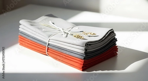 Fototapeta Natural dye mordant process stack of folded fabric napkins tied with twine and dried flowers