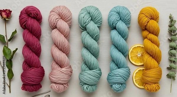 Fototapeta Natural dye mordant process bundles of colorful yarn with dried orange slices and rose
