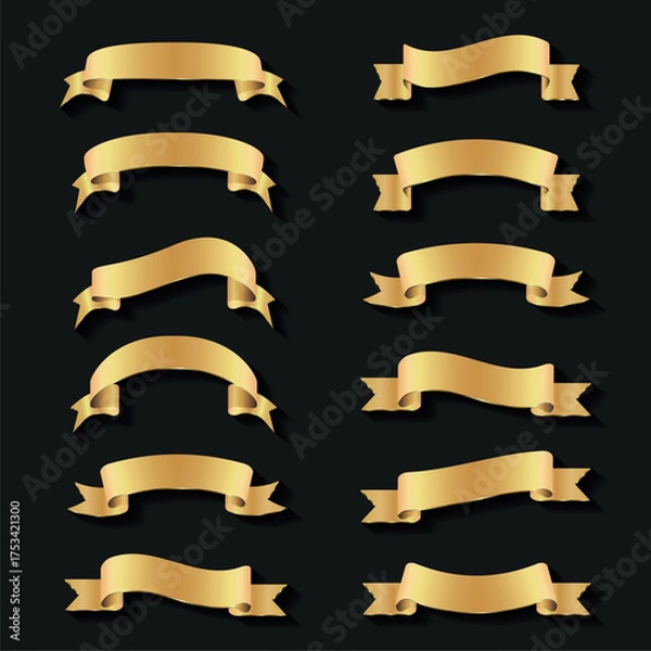 Fototapeta Set of Elegant Golden Curled Ribbons, Banners, and Labels Collection: Vintage Vector Illustration Design Elements for Awards, Scrolls, Frames, and Decorative Symbols