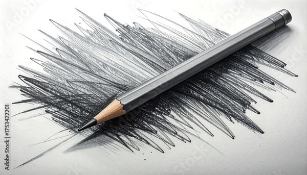Fototapeta A graphite pencil rests on a sheet of paper with scribbled lines.