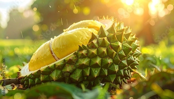 Fototapeta A split, spiky fruit reveals vibrant yellow segments under a sunlit, bokeh background with water droplets