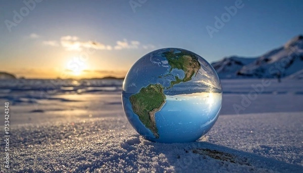 Fototapeta ガラス玉に映る夕陽の世界　光と色が交差する幻想の瞬間