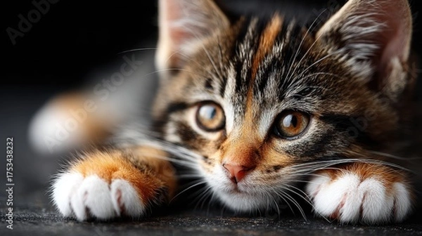 Fototapeta Adorable Tabby Kitten Close-Up Portrait with Paws and Intense Gaze