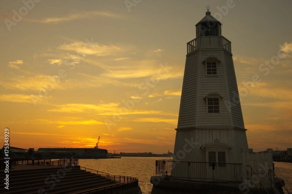 Obraz 旧堺灯台と夕焼け