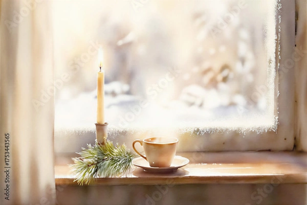 Fototapeta Warm watercolor still life of a candle and cup on a frosty window. Soft winter light and gentle tones create a cozy, peaceful atmosphere for seasonal decor and wall art