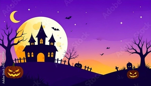 Fototapeta A spooky Halloween scene features a haunted castle silhouette atop a hill, moon, and carved pumpkins. Bats fly. Dead trees frame the backdrop