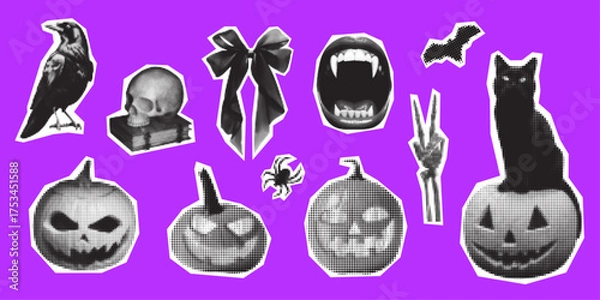 Fototapeta Set of retro halftone Halloween stickers. Dotted effect pumpkins, skull, black cat, raven, vampire mouth, bat, spider, ribbon. Gothic collage elements.