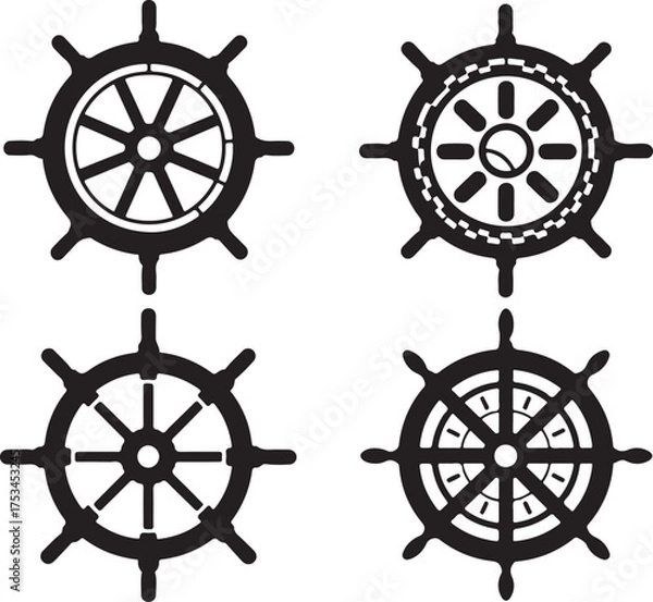 Obraz Ship wheel vintage silhouette on white background

