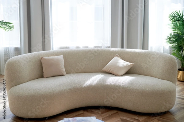 Obraz Soft curved sofa in light upholstery with soft corners for a large and bright room. Minimalism,