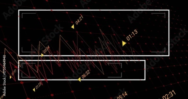Fototapeta Displaying white rectangular frames on black grid, with time-stamped graphs and yellow markers