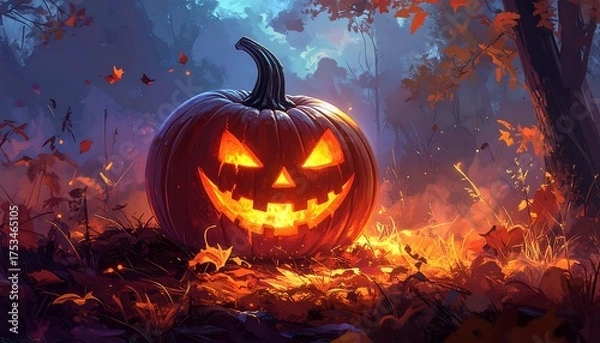 Fototapeta A spooky Halloween scene with a glowing jack-o'-lantern in an autumn forest. Leaves fall around the carved pumpkin, illuminated from within